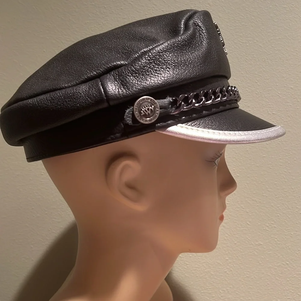 Boutique Faux Leather Hat In Black With Silver Trim Metal Chain And Badge O/S